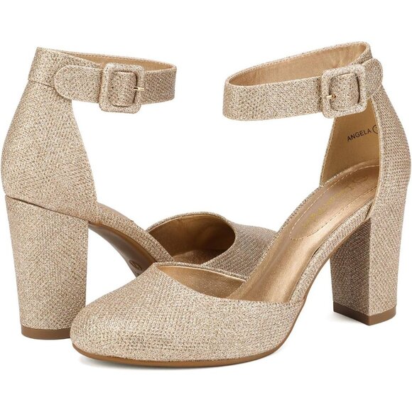 Dream Pairs Women Gold Glitter Faux Suede Block High Heel Closed Toe Sandal - Picture 5 of 8